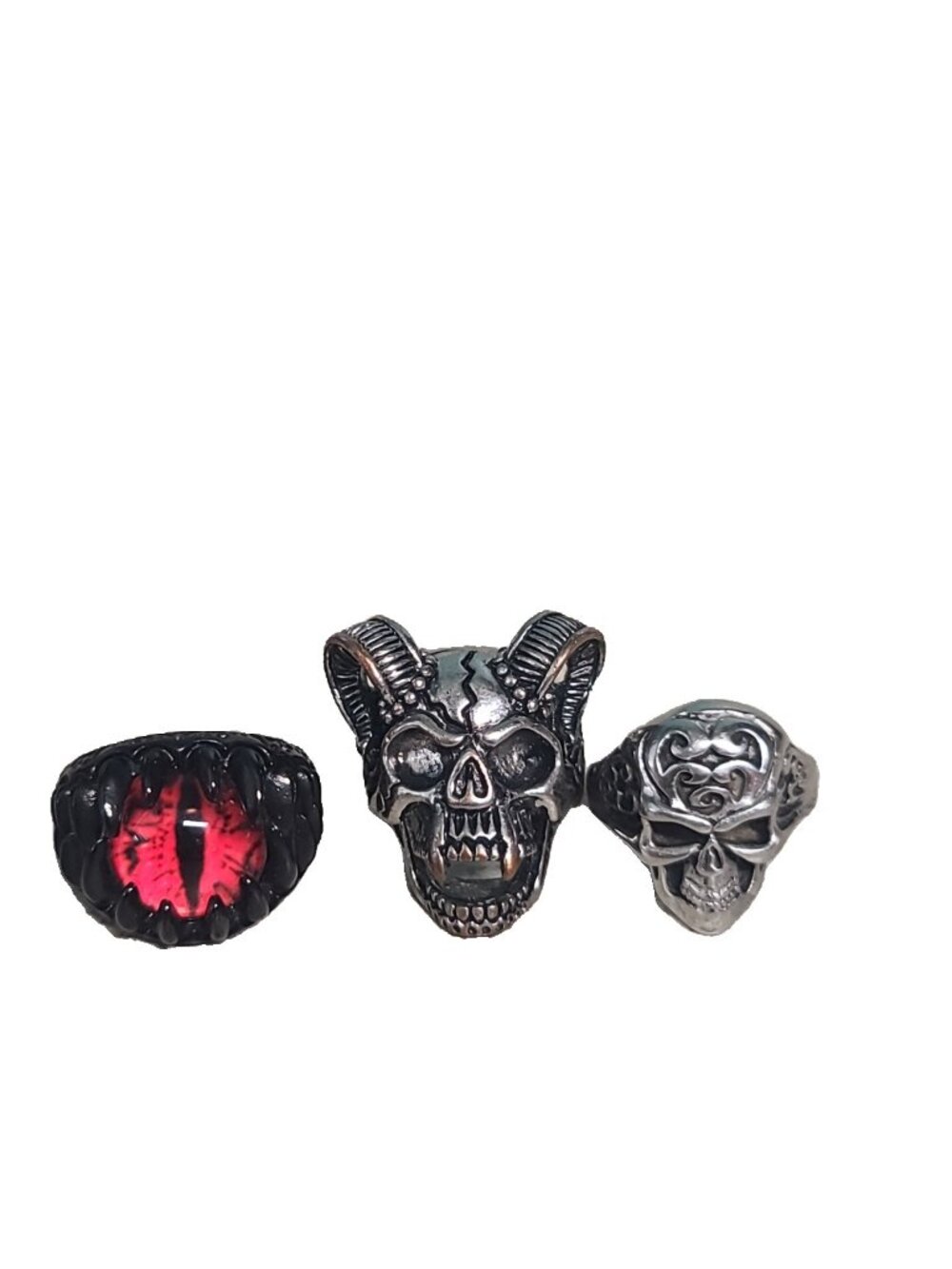 3 Pc Mens Gothic Biker Ring Set Red Evil Eye Horned Ram Skull Tribal Rings